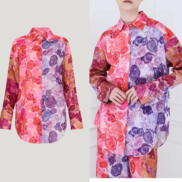 Aje Vision Oversized Linen Shirt Floral Multicolor Button-Up Shirt US6